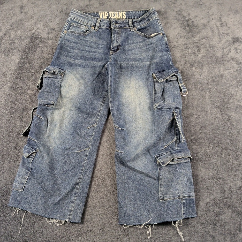 VIP Blue Jeans Cargo Pants Size 7/28 Streetwear Y2K Utility Stretch Urban Casual